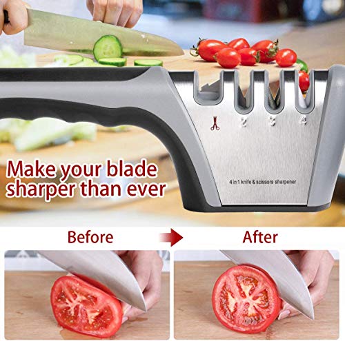 flintronic Afilador de Cuchillos, Afilador de Cuchillos Manual de 4 in 1, Base Antideslizante para Kinfe de Cocina, para Cuchillo Santoku, Cuchillo de Cocina, Tijeras (Incluye 1 Protector de Dedos)