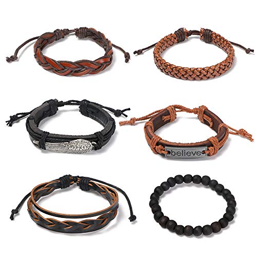 flintronic® Pulsera Hombre, 6 Piezas Personalidad Retro Tejida Pulsera de Traje de Cuero Multicapa, Pulseras Retro, Moda Pulsera de Cuero Brazalete Trenzado Roccia Punk, Ajustable (#3 Serie)