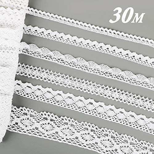 FLOFIA Cinta de Encaje Blanco Ribetes Borde Puntillas de Encaje Cinta Docorativa de Tela Encaje Cinta Bordado Encaje Algodón para Costura Manualidades Vestidos Decoración Regalo Boda, 6 Estilos, 30m