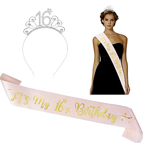 FLOFIA Kit Tiara Cristal Rhinestone Corona Diadema Cumpleaños 16 + Faja Banda Cumpleaños 16 Años de Saten Inglés It's My 16th Birthday Fajin Cumpleaños Satin Sash Conjunto Disfraz 16 Feliz Cumpleaños