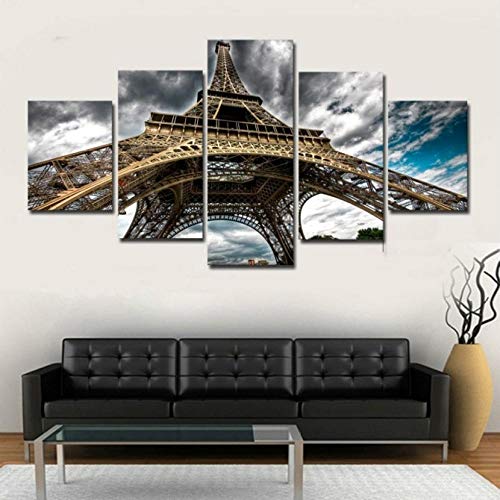 FLSNF Primer Plano De La Torre Eiffel, Obra De Arte Estirada Moderna, 5 Piezas sobre Lienzo, Arte De Pared, Listo para Colgar En La Sala De Estar, Dormitorio, Decoración del Hogar