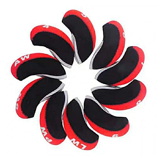 FLTRAD - Fundas para cabeza de palo de golf (3 – 9 A/SW/PW, material de neopreno elástico reutilizado con etiqueta de número, 10 unidades, 6 colores a elegir), rojo & negro