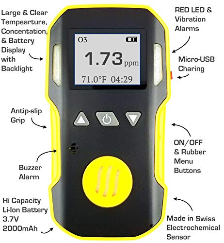 FORENSICS OZONE O3 - Detector de Ozono O3 ultra sensible, resolución de 0,01 ppm, serie profesional, a prueba de agua, polvo, explosión, recarga USB, sonido, luz, alarmas de vibración, 0-5 ppm O3