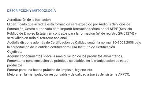 Formación para obtener el carnet de Manipulador de Alimentos (Carnet)