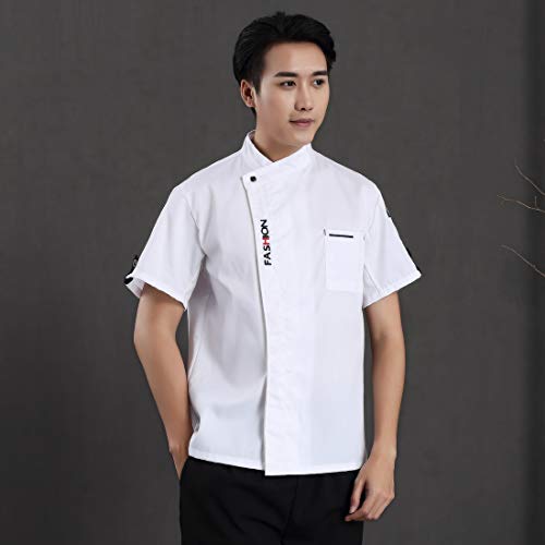 Freahap Camisa de Chef Cocina Manga Corta para Verano para Hombres y Mujeres, Chaqueta de Cocinero Camarero Diseño Clástico Transpirable y Cómodo Blanco XL