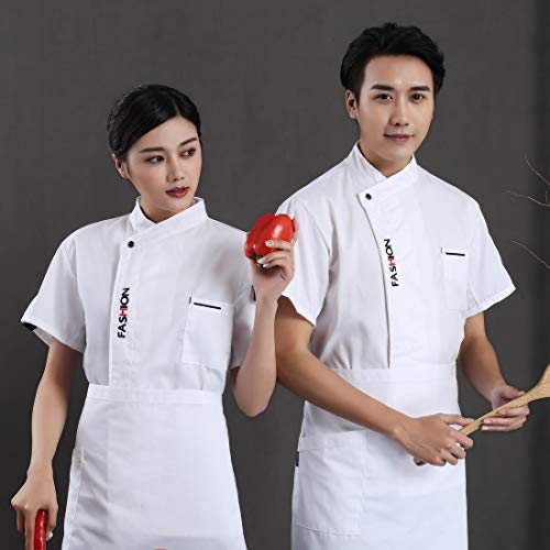 Freahap Camisa de Chef Cocina Manga Corta para Verano para Hombres y Mujeres, Chaqueta de Cocinero Camarero Diseño Clástico Transpirable y Cómodo Blanco XL
