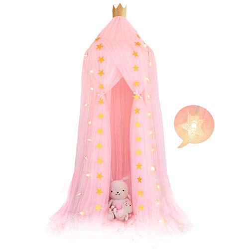 Frideko bebés dosel cama, mosquitera Princess Gauze + 6M 40 LED Luces de hadas cálidas Star Star + 3M Bandera de estrella amarilla para bebés Niños niña para jugar Beach Home Nursery Hotel (Rosa)