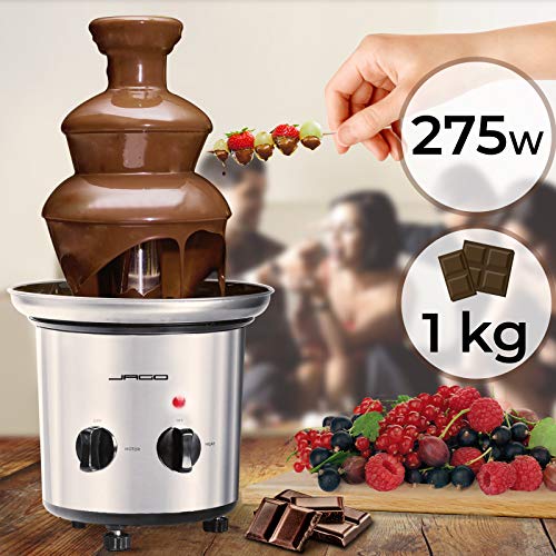 Fuente de Chocolate de 3 Pisos - 275W, Torre de Acero Inoxidable de Altura 39cm, Capacidad 1Kg, Apta para Lavavajillas, Plateado - Fondue Eléctrica con Niveles