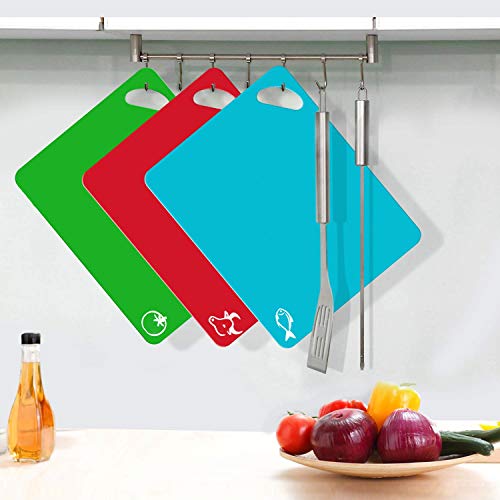 FUKTSYSM tabla de cortar - 6pcs Juego de Cocina de Tablas de Cortar de plástico Extra flexible Gruesa, con Esteras para Iconos, Antideslizante y fácil de colgar, seguridad para lavavajillas