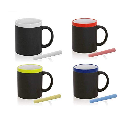 FUN FAN LINE - Set de Tazas de cerámica con exterior en pizarra para dibujar, cada una con tiza y en caja de regalo individual. Ideal para café, té o bebidas calientes (Multicolor, 12)