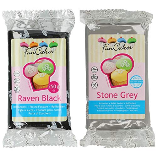 Funcakes - 2 X Paquetes de Fondant / Pasta de azucar de 250g (Negro y gris)