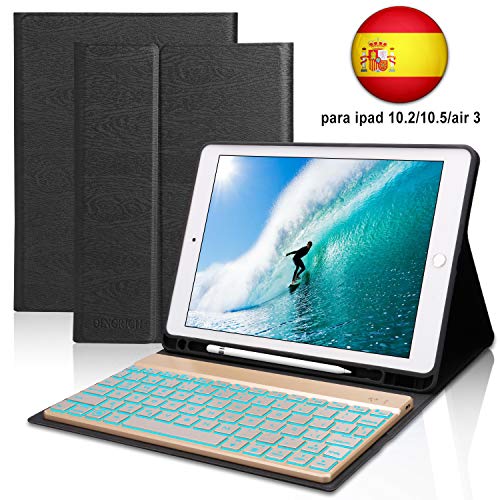 Funda Teclado iPad 10.2 Español,Dingrich Funda Teclado (Incluye Ñ) para iPad 10.2 2019 7 Generación/iPad 8 2020/10.5 2017/Air 3,Bluetooth 7 Colores Retroiluminados Desmontable Auto Dormir/Despertar