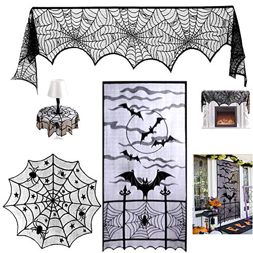 FunMove 3 Piezas Mantel de Halloween Mantel Tela de araña manteles Redondos, Tela de Chimenea, Cortina de Ventana para decoración de Halloween Suministros de Fiesta de Cocina para el hogar