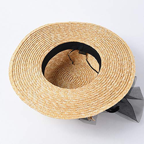 Fxhang Sombrero Ancho para Mujer Sombreros para el Sol Sombreros Originales de Paja de Trigo Sombrero Plano Superior Hilo de Malla Arco de Playa,A1