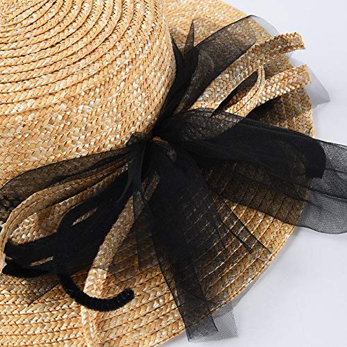 Fxhang Sombrero Ancho para Mujer Sombreros para el Sol Sombreros Originales de Paja de Trigo Sombrero Plano Superior Hilo de Malla Arco de Playa,A1