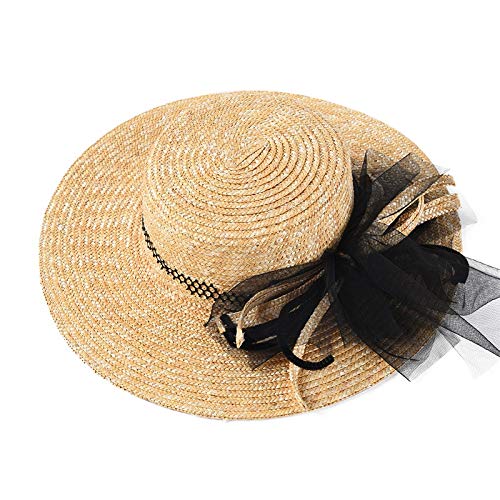 Fxhang Sombrero Ancho para Mujer Sombreros para el Sol Sombreros Originales de Paja de Trigo Sombrero Plano Superior Hilo de Malla Arco de Playa,A1