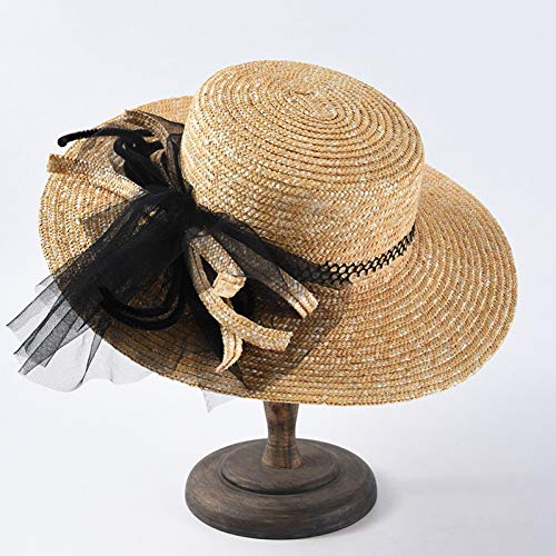 Fxhang Sombrero Ancho para Mujer Sombreros para el Sol Sombreros Originales de Paja de Trigo Sombrero Plano Superior Hilo de Malla Arco de Playa,A1