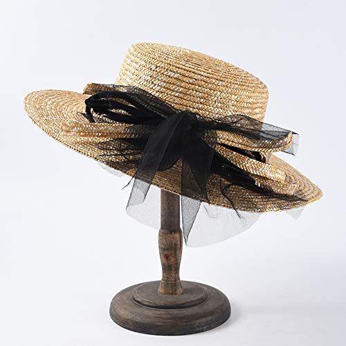 Fxhang Sombrero Ancho para Mujer Sombreros para el Sol Sombreros Originales de Paja de Trigo Sombrero Plano Superior Hilo de Malla Arco de Playa,A1