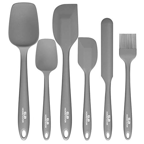 G.a HOMEFAVOR Set de 6 Utensilios de Cocina de Silicona, Espátulas de Silicona Incluye Hilvanado Cepillo, Espátula,Cuchara, Antiadherente, Resistente al Calor, Utensilios para Cocina y Horneado Gris