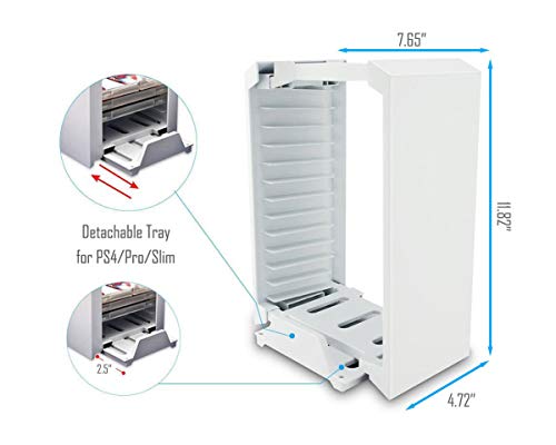 Games Storage Tower, Soporte Vertical para PS4, Estación de carga cargador, blanco juego Blu-ray Soporte de Torre de Almacenaje, Controller Charging Station Mando para PlayStation 4, Pro, Slim