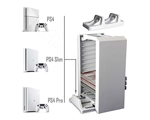 Games Storage Tower, Soporte Vertical para PS4, Estación de carga cargador, blanco juego Blu-ray Soporte de Torre de Almacenaje, Controller Charging Station Mando para PlayStation 4, Pro, Slim