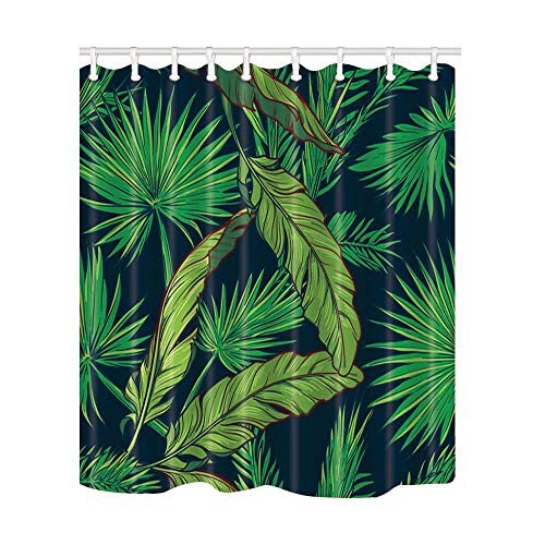 GAOFENFFR Selva Tropical coración Hojas plátano y Abanico con Palmeras sobre un Fondo Oscuro Cortinas baño para el baño Tejido Cortina baño 180X180 CM Ver