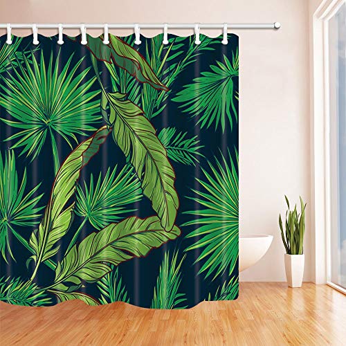 GAOFENFFR Selva Tropical coración Hojas plátano y Abanico con Palmeras sobre un Fondo Oscuro Cortinas baño para el baño Tejido Cortina baño 180X180 CM Ver