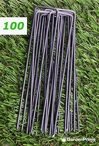 GardenPrime 100 Grapas Metálicas Alambre de Acero 150mm para Sujetar Tela antihierbas, Mallas, Lana, aislantes, Telas de jardinería y láminas de Polietileno (100 Clavijas, 150 mm de Longitud, Acero)