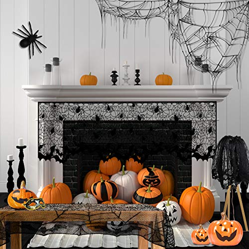 GARDOM Mantel De Halloween，Mantel de Encaje Negro SpiderWeb + Cortina, Decoraciones Perfectas para Halloween, Disfraces,Fiestas Temáticas de Miedo(2PCS)