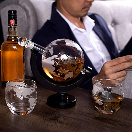 Garrafa de whisky de vidrio - Juego de jarra de whisky de vidrio - jarra de globo de 850ml con tapón de vidrio, 2 vasos de globo grabados, embudo de vertido de acero inoxidable y 9 piedras de whisky