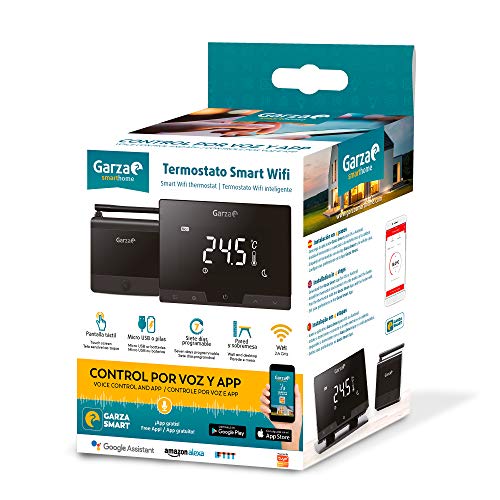 Garza Smarthome - Termostato Smart WiFi Inteligente para Caldera y Calefacción, táctil y programable, Control por Voz y App, Alexa, iOS, Google, Android, Color Negro