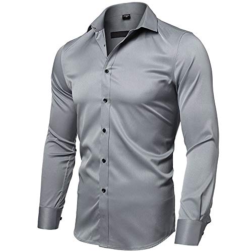 Gdtime Camisas De Vestir De Fibra De Bambú para Hombre Slim Fit Color Sólido Camisas Casuales De Manga Larga Camisas con Botones, Camisas Elásticas Formales para Hombres (Gris, S)