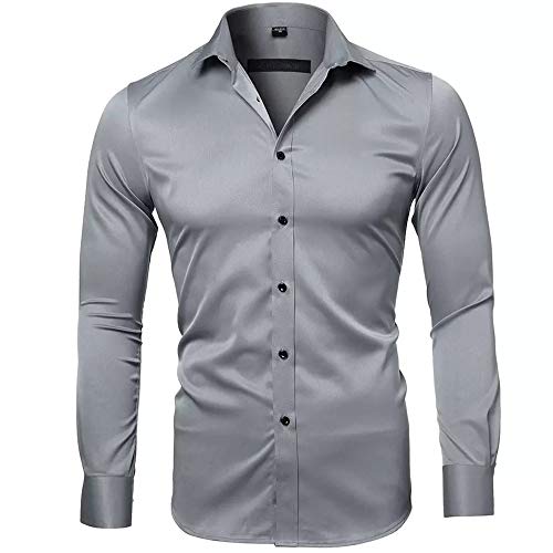 Gdtime Camisas De Vestir De Fibra De Bambú para Hombre Slim Fit Color Sólido Camisas Casuales De Manga Larga Camisas con Botones, Camisas Elásticas Formales para Hombres (Gris, S)