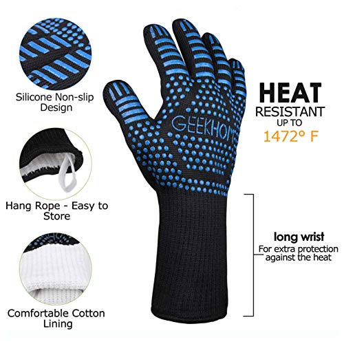 GEEKHOM Guantes de Parrilla, Resistente al Calor hasta 800 Grados Guantes de Cocina Guante Largo de Chimenea Guantes de Cocina Resistentes al Calor Guantes de Cocina por Parrilla, Cocinar, Hornear (Light Blue)