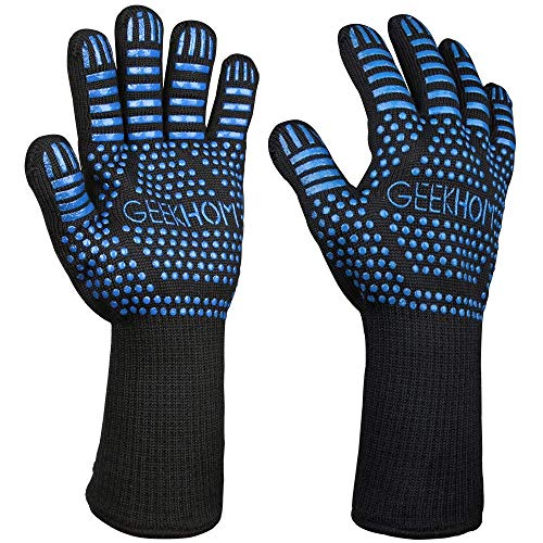 GEEKHOM Guantes de Parrilla, Resistente al Calor hasta 800 Grados Guantes de Cocina Guante Largo de Chimenea Guantes de Cocina Resistentes al Calor Guantes de Cocina por Parrilla, Cocinar, Hornear (Light Blue)