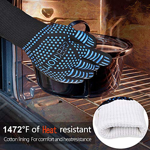 GEEKHOM Guantes de Parrilla, Resistente al Calor hasta 800 Grados Guantes de Cocina Guante Largo de Chimenea Guantes de Cocina Resistentes al Calor Guantes de Cocina por Parrilla, Cocinar, Hornear (Light Blue)