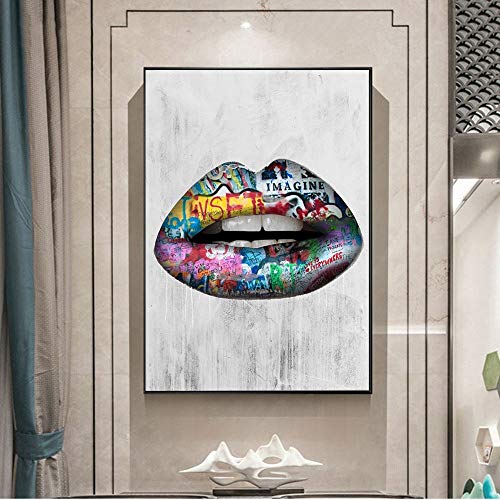 Geiqianjiumai Abstracto Hermoso Labios Arte de la Pared Impreso en Lienzo Carteles e Impresiones Graffiti Art Pop Art Pintura sin Marco 60x90cm