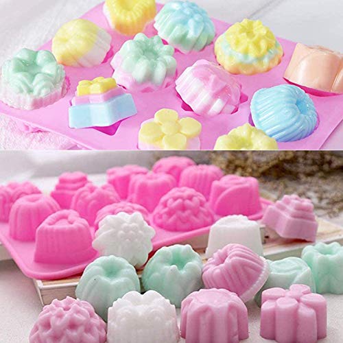 Genrics 5Pcs 12 Cavidad Flores de Silicona jabón Molde Cake Pan Moldes de Silicona, Diseño de Flores moldes de Silicona 3D Torta Fondant de la Pasta de Chocolate Jelly Candy Moldes, 5 Colores