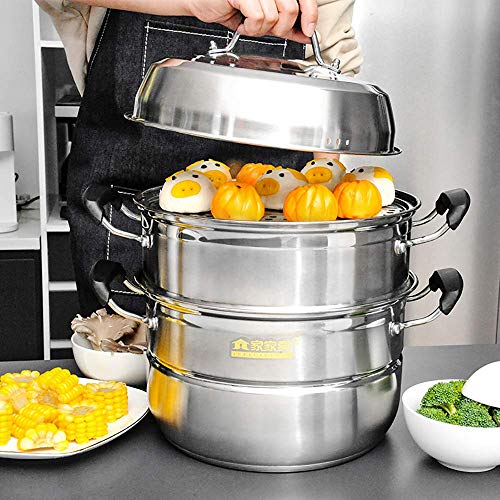 GH-YS Sartenes de Vapor, sartén de Acero Inoxidable de 3 Niveles para Alimentos/Olla de Caldo, con Tapa y Acabado de Espejo Pulido Universal-Steamer-28cm