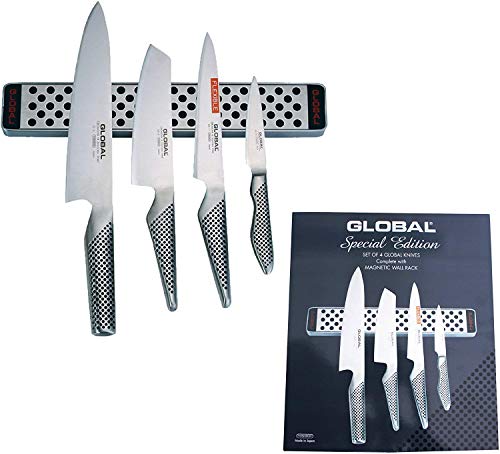 Global Set 4 Cuchillos (G-2, Cocinero, 20cm, GS-5, Vegetales, 15cm, GS-11, utilitario Flexible, 15cm, y GS-38, puntilla, 9cm) y una Barra magnética, 31cm (G-42/31), G-251138/M30