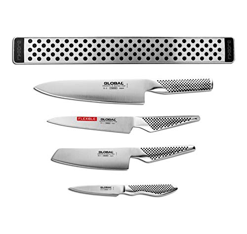 Global Set 4 Cuchillos (G-2, Cocinero, 20cm, GS-5, Vegetales, 15cm, GS-11, utilitario Flexible, 15cm, y GS-38, puntilla, 9cm) y una Barra magnética, 31cm (G-42/31), G-251138/M30