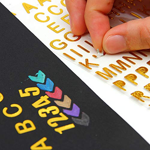 Gobesty Brillantina Pegatinas de letras, 12 hojas Alfabeto Adhesivo Número Adhesivo Adhesivo Alfabeto Calcomanías para Arte Decoración DIY, Oro y Plata