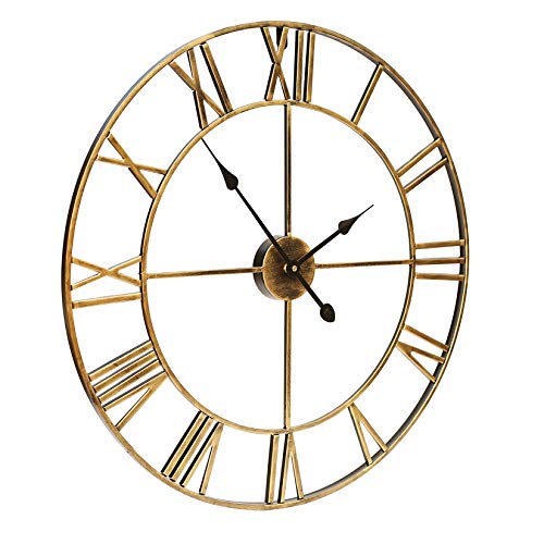 (Gold) - SEJU Large Metal Roman Numeral Wall Clock - Silent Non-ticking Decorative Wall Clock for Cafe Loft Hotel Bar Office Living Room Bedroom Kitchen - Golden 'Iron' (47cm in diameter)
