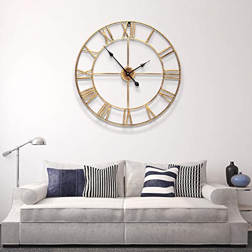 (Gold) - SEJU Large Metal Roman Numeral Wall Clock - Silent Non-ticking Decorative Wall Clock for Cafe Loft Hotel Bar Office Living Room Bedroom Kitchen - Golden 'Iron' (47cm in diameter)
