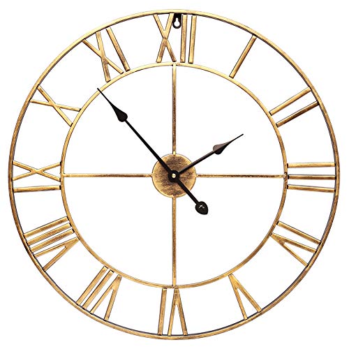 (Gold) - SEJU Large Metal Roman Numeral Wall Clock - Silent Non-ticking Decorative Wall Clock for Cafe Loft Hotel Bar Office Living Room Bedroom Kitchen - Golden 'Iron' (47cm in diameter)