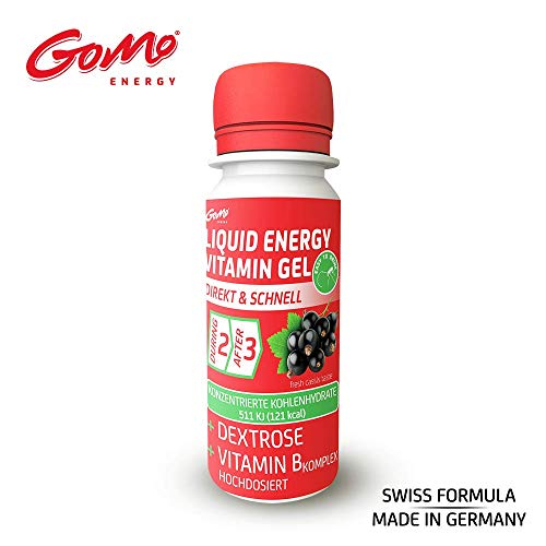 GoMo ENERGY GEL DE VITAMINA LÍQUIDO |+ Complejo de vitamina B + Biotina + Carbohidratos concentrados + Dextrosa |Mayor rendimiento, enfoque y resistencia |Acción directa y rápida |CASSIS sabor 7x60ml