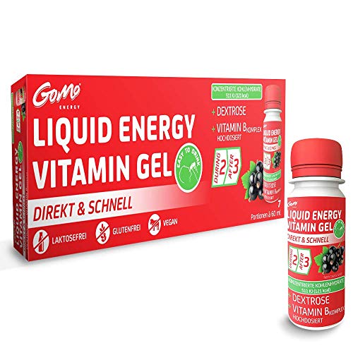 GoMo ENERGY GEL DE VITAMINA LÍQUIDO |+ Complejo de vitamina B + Biotina + Carbohidratos concentrados + Dextrosa |Mayor rendimiento, enfoque y resistencia |Acción directa y rápida |CASSIS sabor 7x60ml