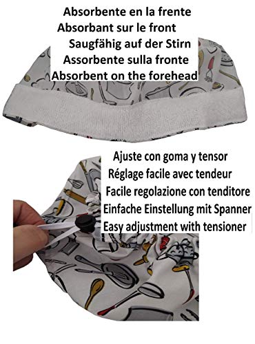 Gorro Cocinera Utensilios de COCINA Catering con Absorbente en la frente, Pelo largo, Ajustable a tu gusto