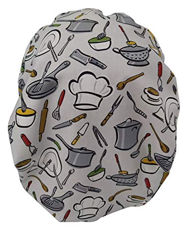 Gorro Cocinera Utensilios de COCINA Catering con Absorbente en la frente, Pelo largo, Ajustable a tu gusto