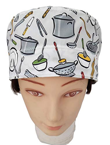 Gorro Cocinera Utensilios de COCINA Catering con Absorbente en la frente, Pelo largo, Ajustable a tu gusto